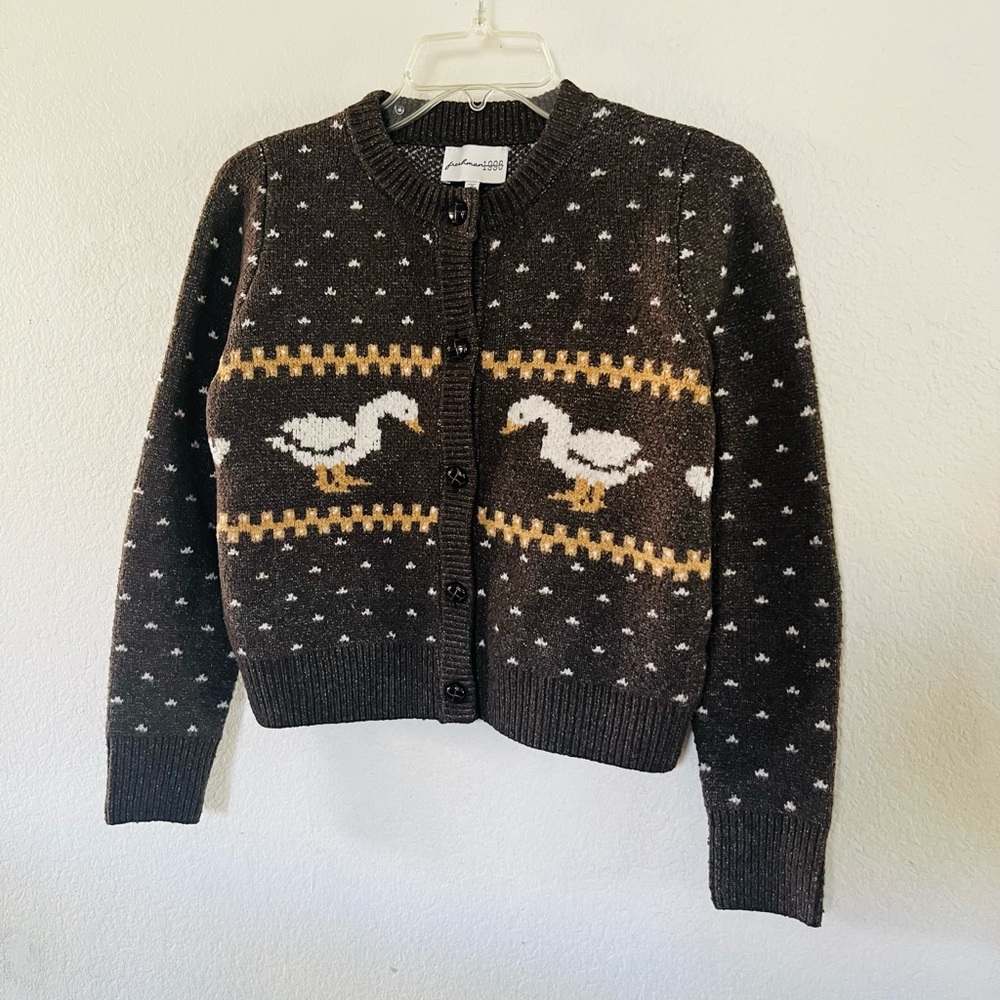 Freshman Black Cardigan Sweater with White Duck Motif and Tan Accents